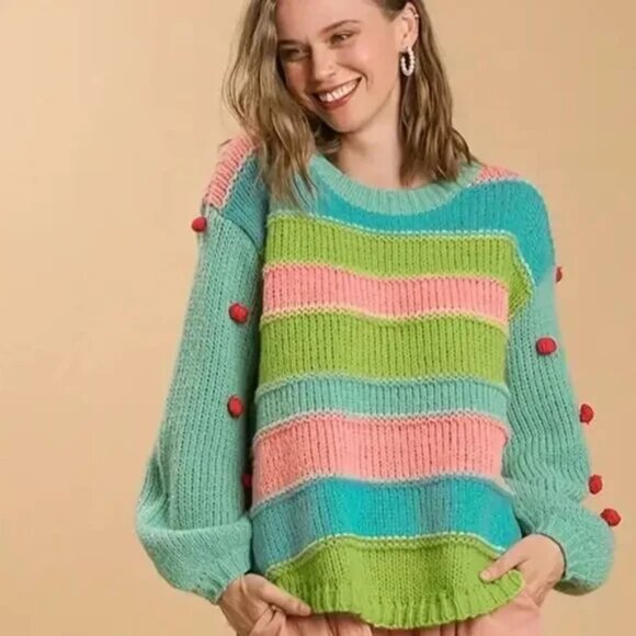 Dopamine Dotted Pom Pom Sleeve Pullover Sweater - Picture 2 of 6